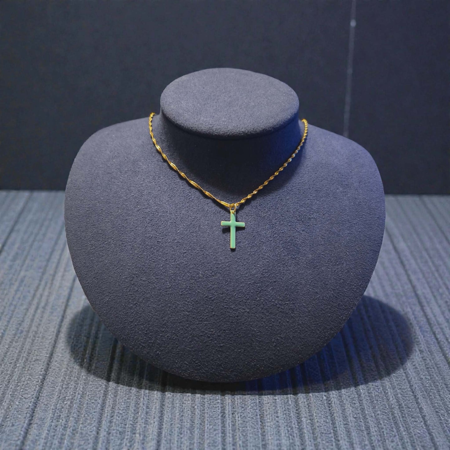 Turquoise Enameled Cross on 18K Gold PVD Stainless Steel Singapore Chain Necklace