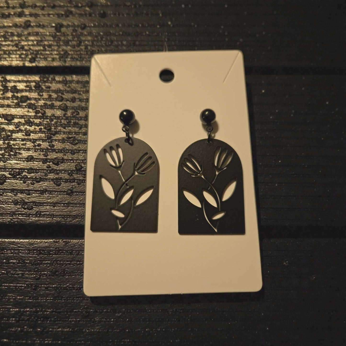 Black Stainless Steel Flower Dangle Earrings