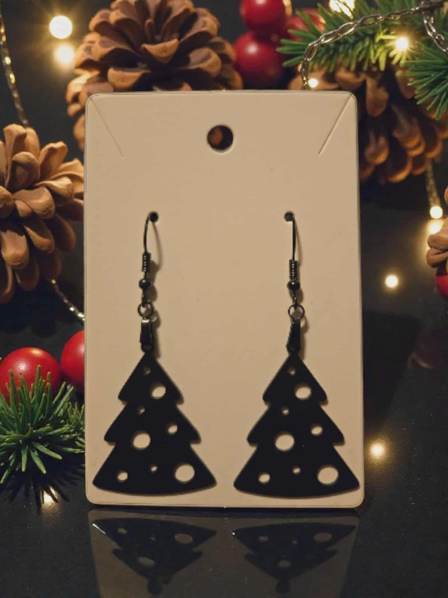 Black Stainless Steel Polka Dot Christmas Tree Dangle Earrings