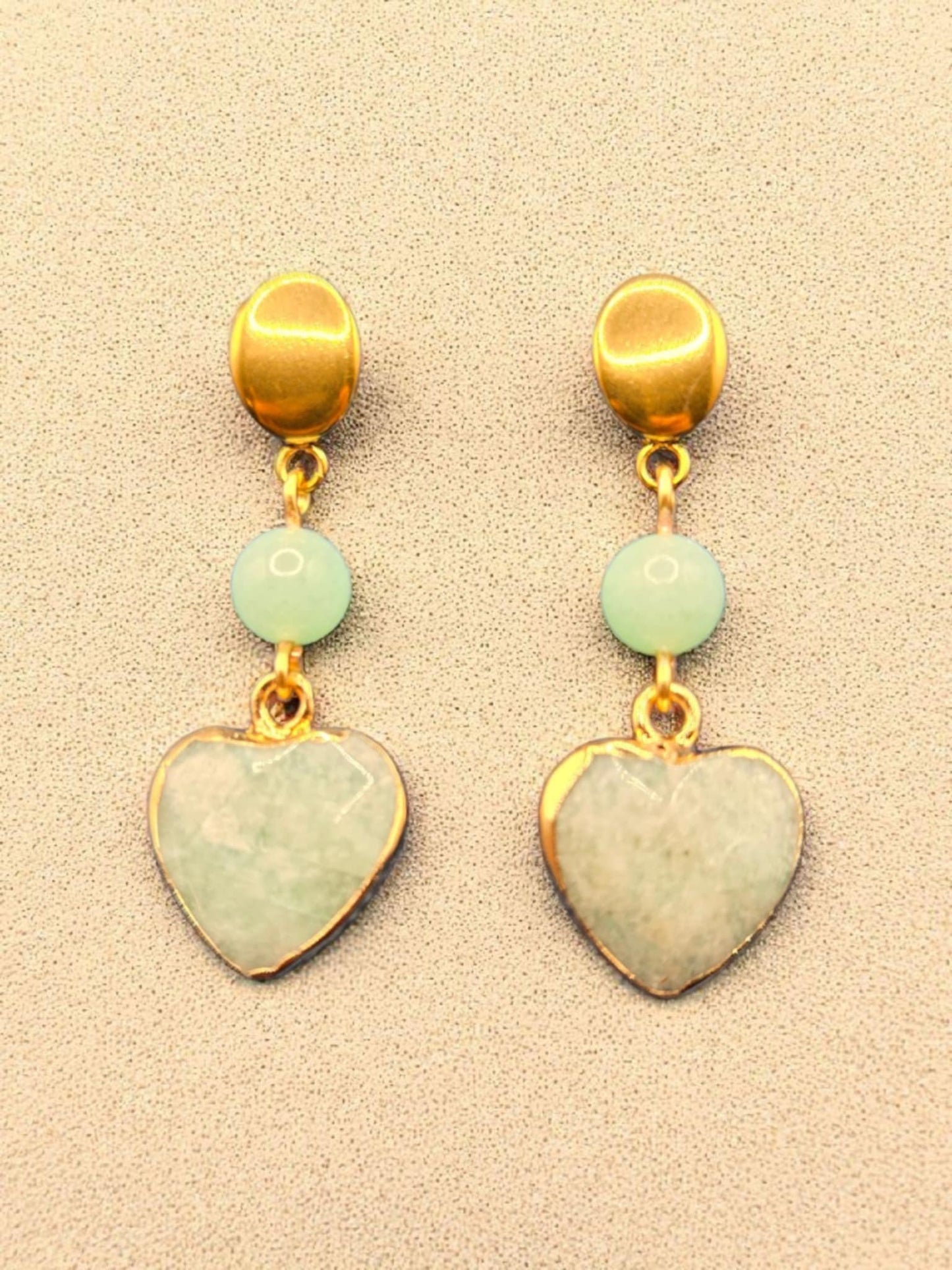 Natural Amazonite Stone and Green Aventurine Beaded Earrings on Oval 18K Gold Plated Stainless Steel Studs
