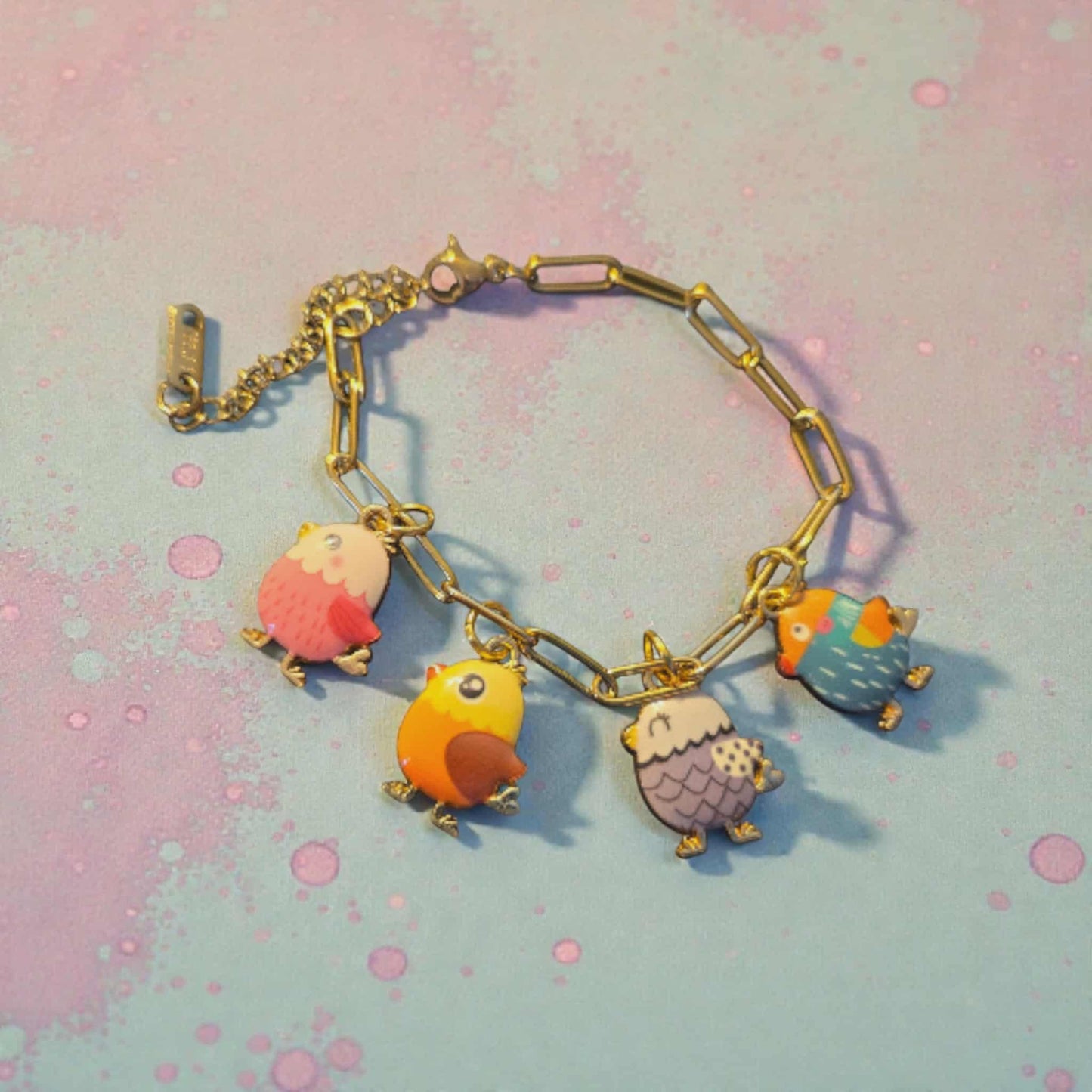 Colorful Birds Paperclip Charm Keeper Bracelet- 18K Gold PVD Stainless Steel Chain with Alloy Charms (Lead and Nickle Free)