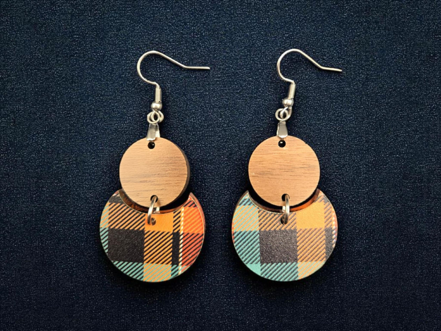 Cozy Plaid Wood and Acrylic Dangle Stainless Steel Earrings
