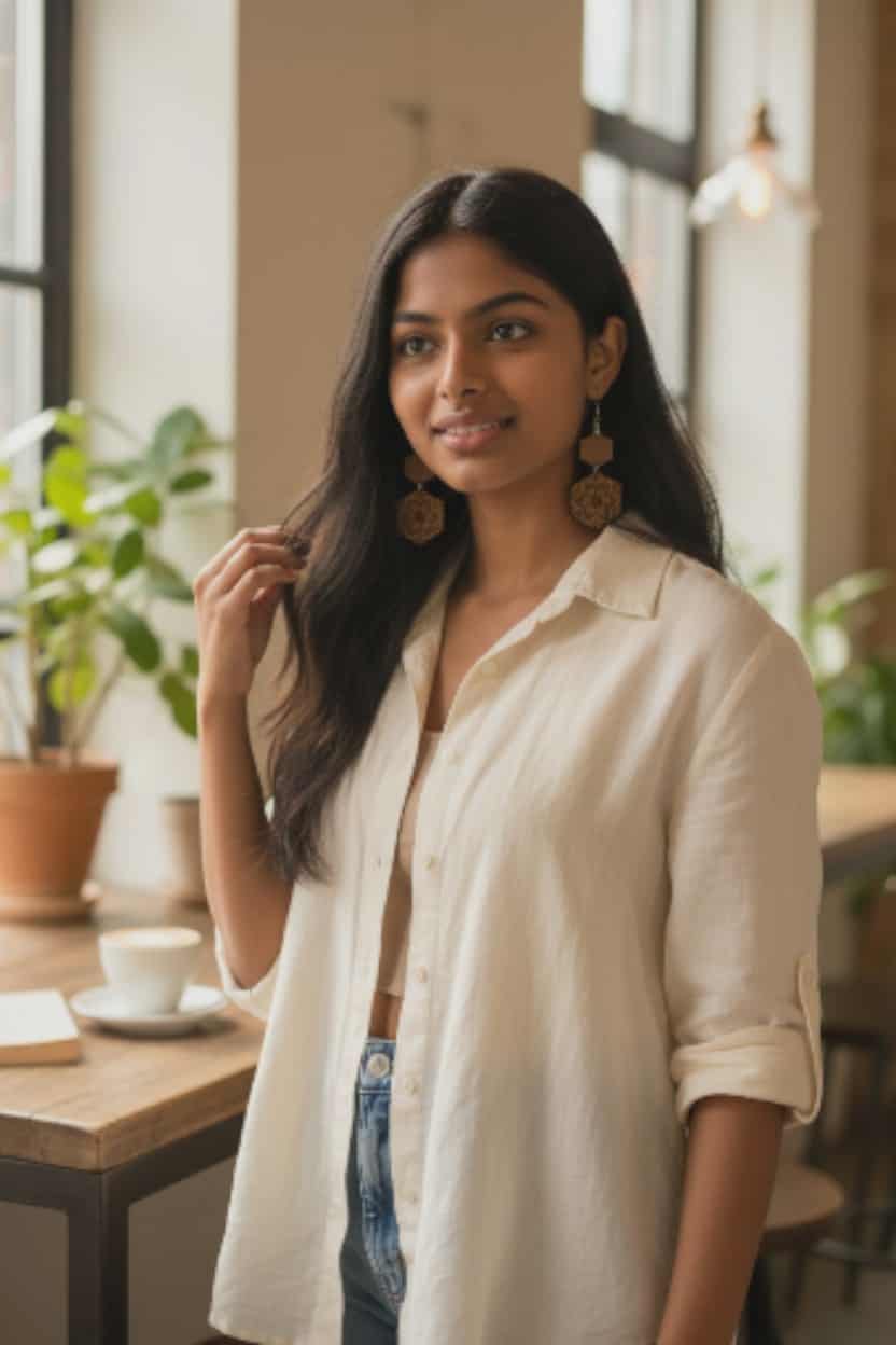 Wooden Hexagon Dangle Flower Earrings