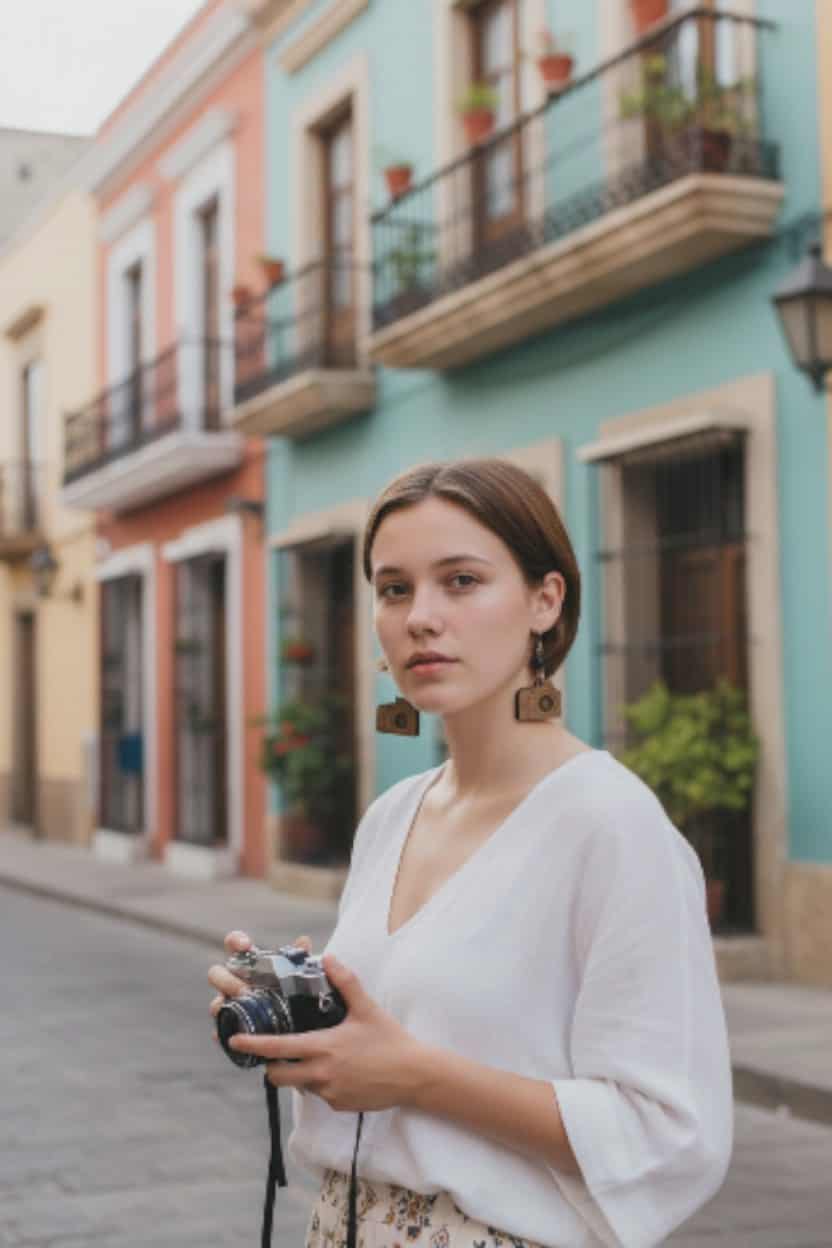 Wooden Camera Dangle Earrings