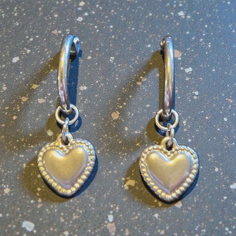 Silver Heart Pendant Hoop Earrings