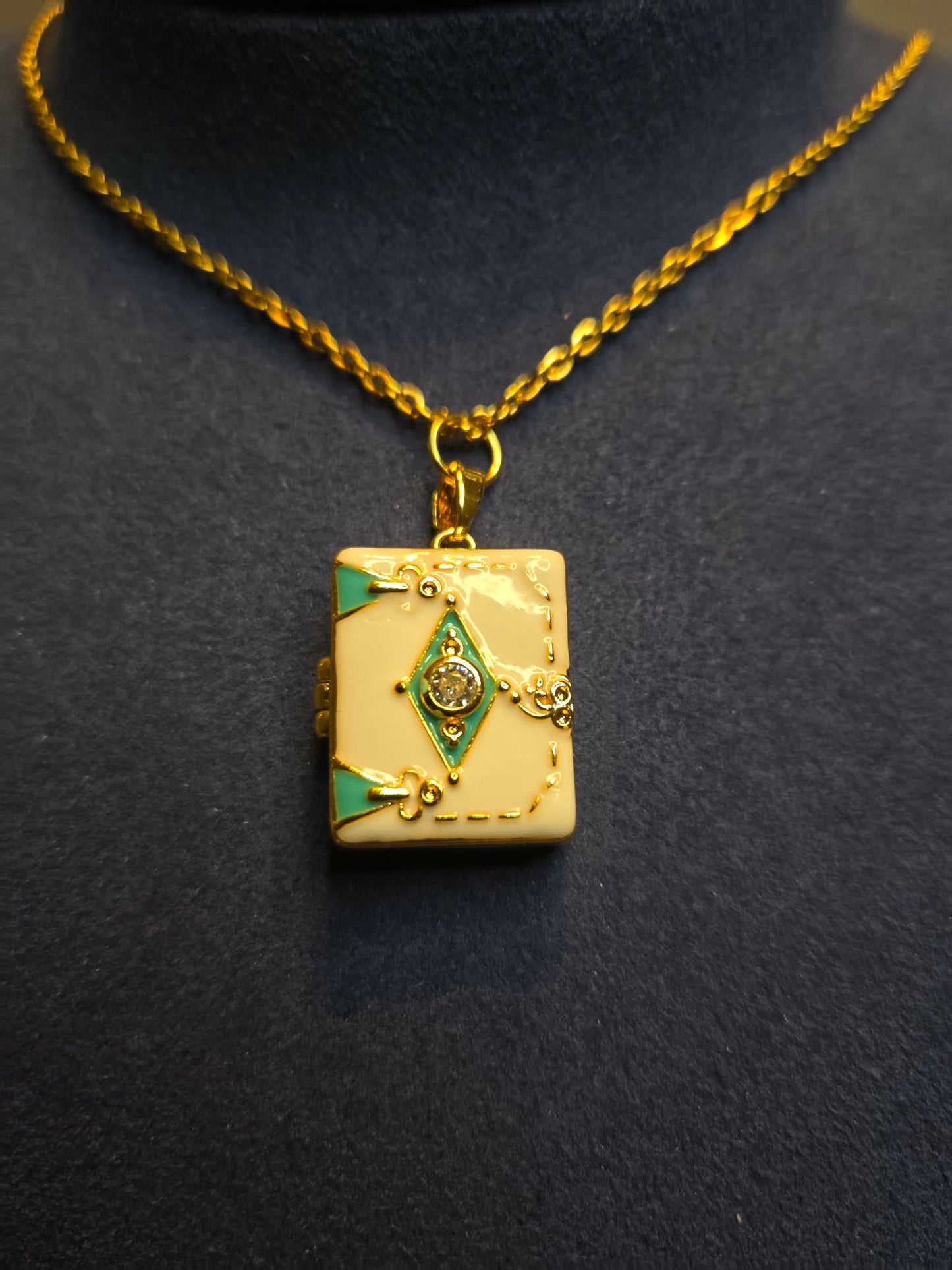 Teal and Golden Book Locket Necklace