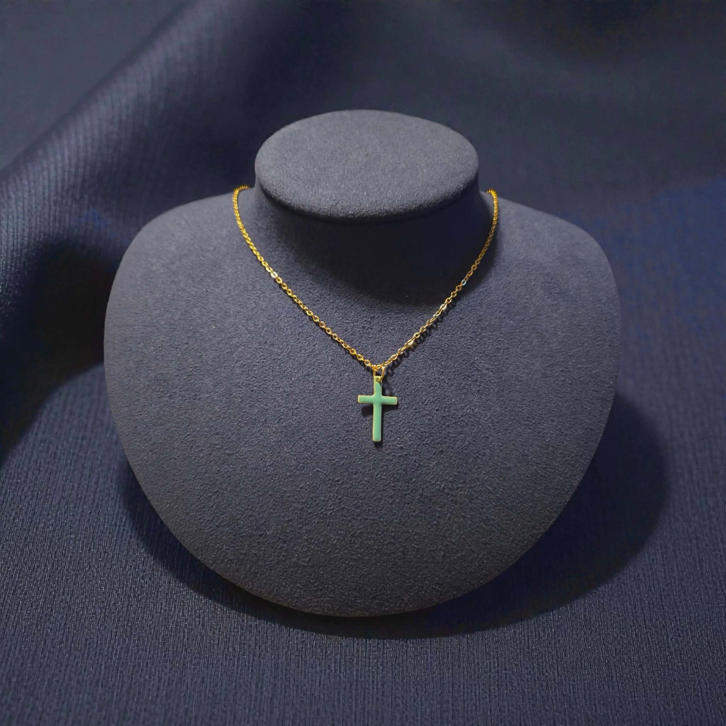 Turquoise Enameled Cross on 18K Gold PVD Stainless Steel Cable Chain Necklace - 16"