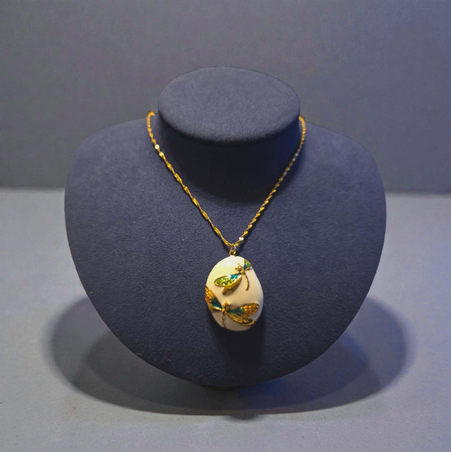 Gold Plated Green Enameled Dragonfly Pendant on a 18K Gold PVD Stainless Steel Singapore Chain Necklace