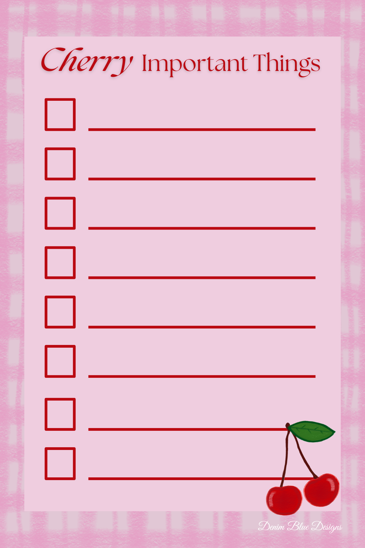 Hand Drawn "Cherry Important Things" Checklist Notepad and Coordinating Pen