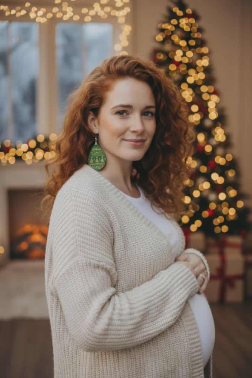 Cozy Green Sweater Wooden Dangle Earrings