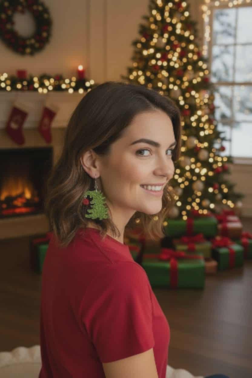 Green Glitter Tree Dangle Earrings