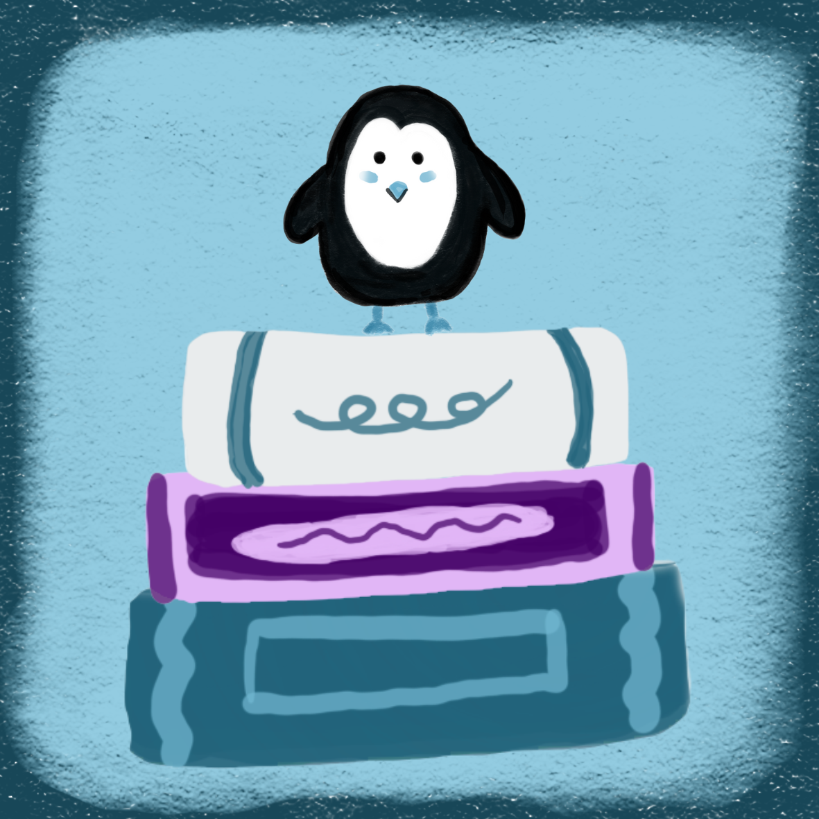 Hand Drawn Penguin on a Blue Bookstack Vinyl Sticker