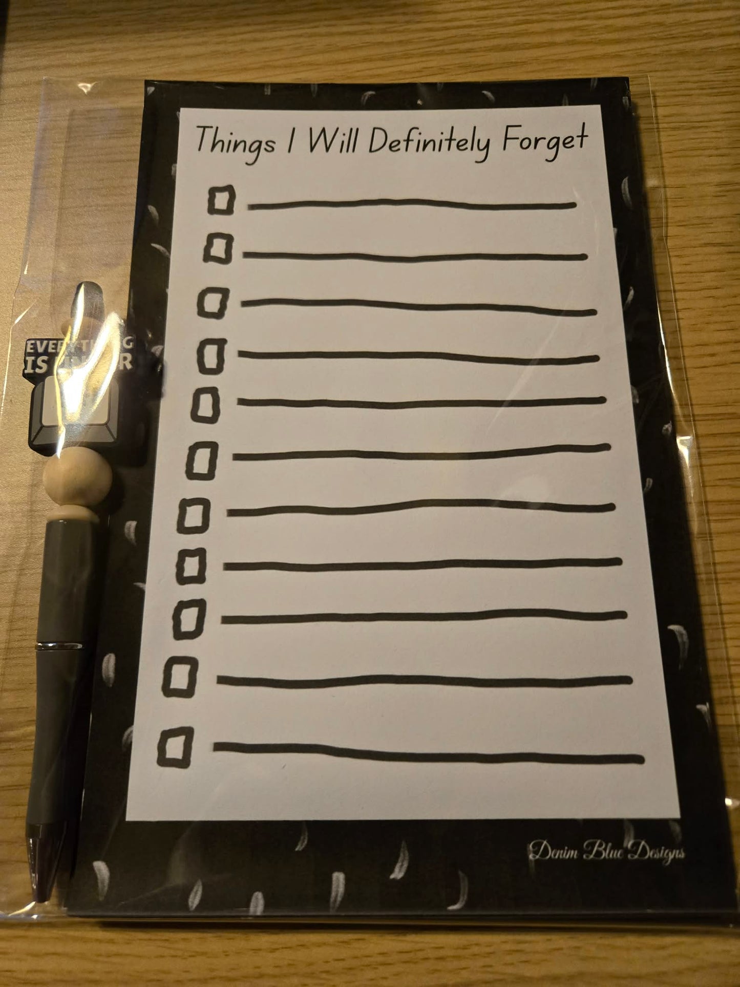 Hand Drawn "Things I Will Definitely Forget" Checklist Notepad and Coordinating Pen