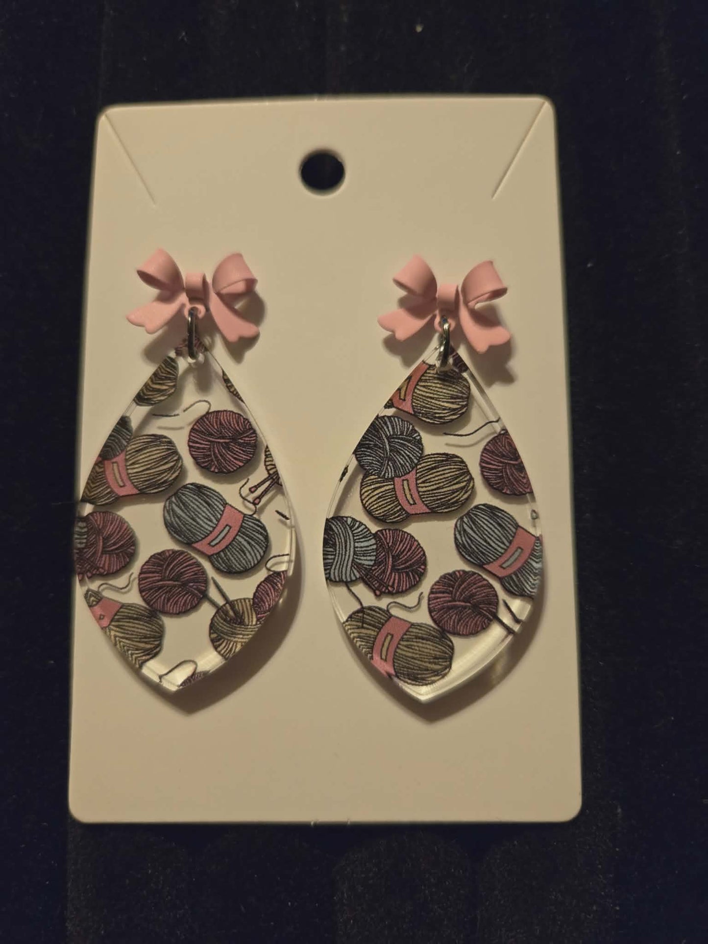 Pink Bow Knitting Teardrop Dangle Earrings