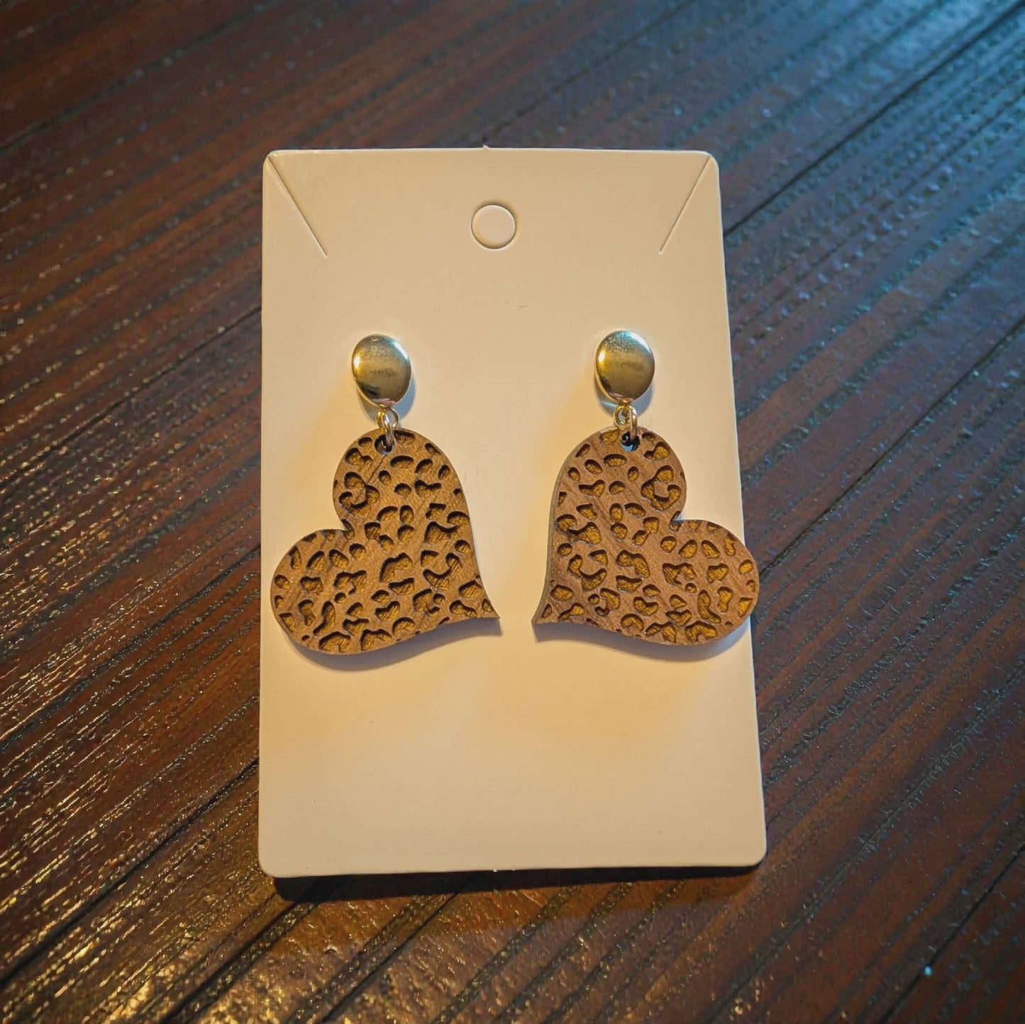 Animal Print Dangle Heart Wooden Earrings