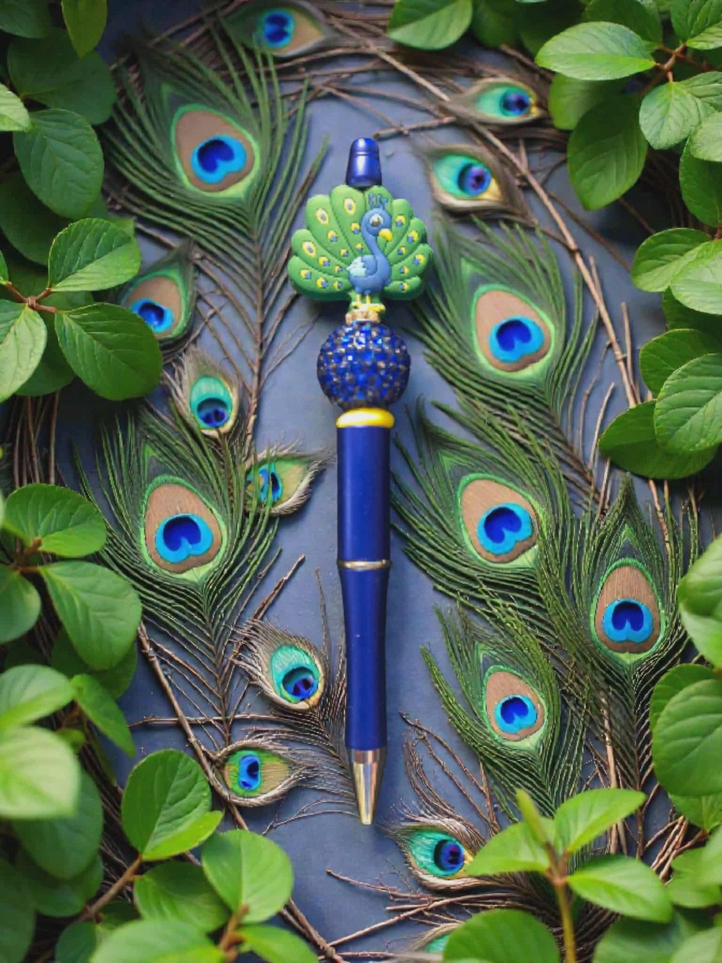 Blue Peacock Beaded Pen
