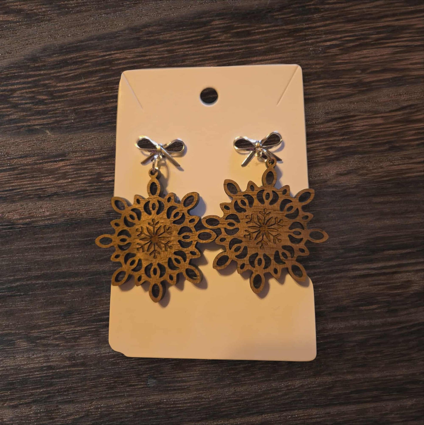 Wooden Snowflake Dangle Earrings with Golden or Silver Bow Posts