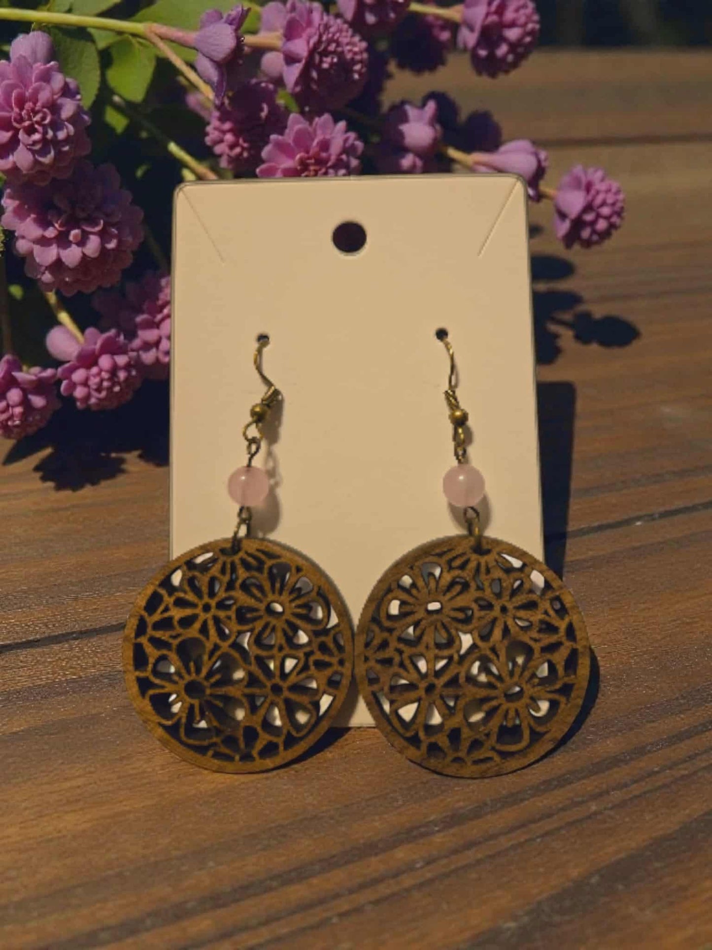 Floral Wooden Circles with Natural Stone Bead Dangle Earrings