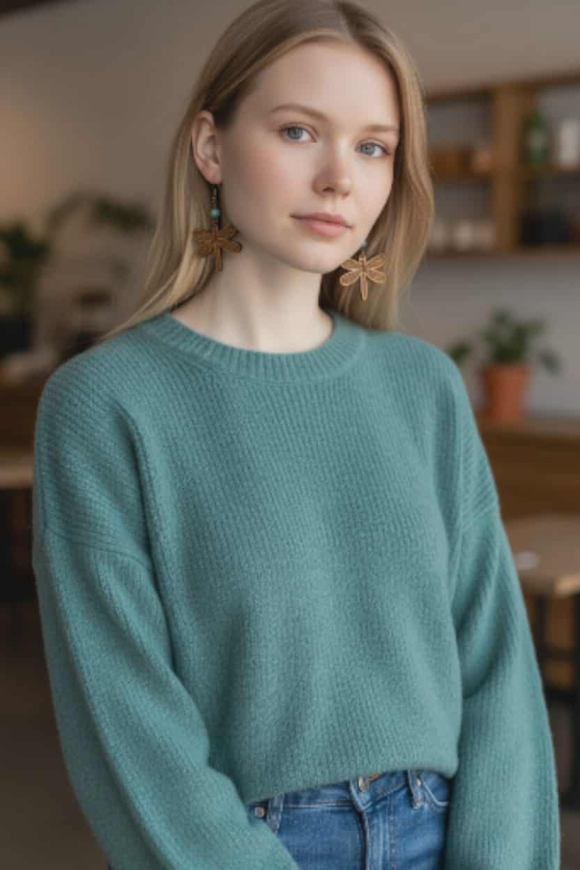 Wooden Dragonfly with Natural Stone Accent Bead Dangle Earrings (Natural Stone Color with Vary)