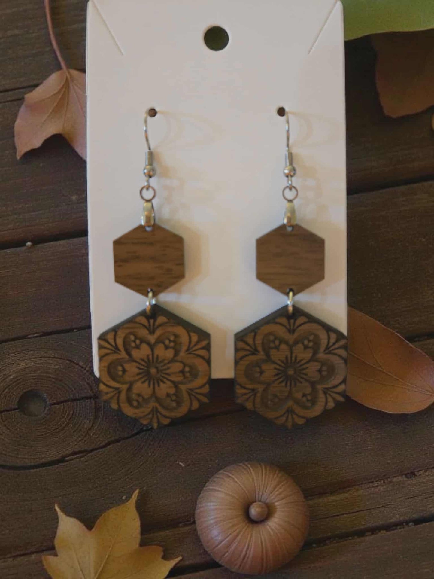 Wooden Hexagon Dangle Flower Earrings