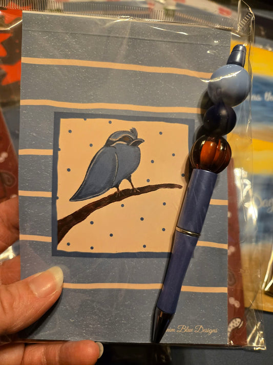 Hand Drawn Denim Blue Bird Notepad with Cover with Coordinating Pen
