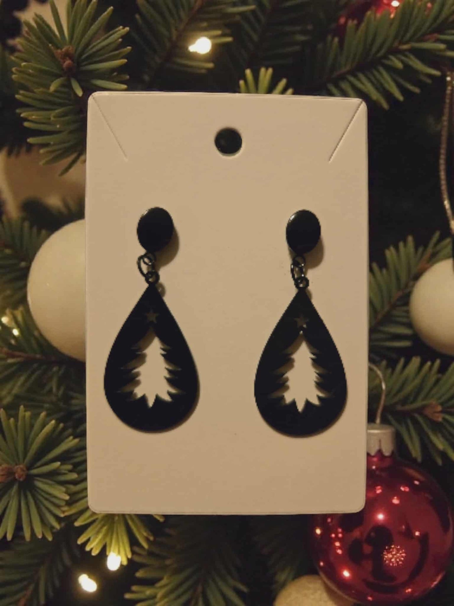 Black Stainless Steel Christmas Tree Cut-Out Dangle Earrings
