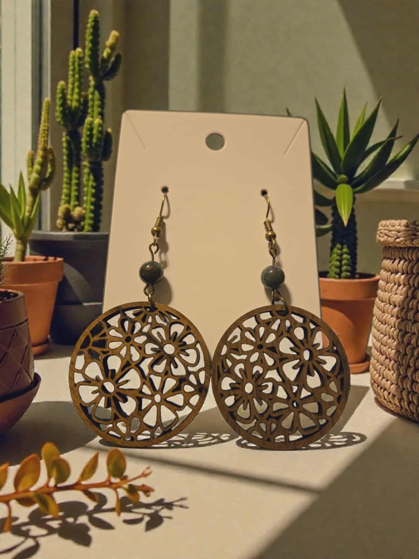 Floral Wooden Circles with Natural Stone Bead Dangle Earrings