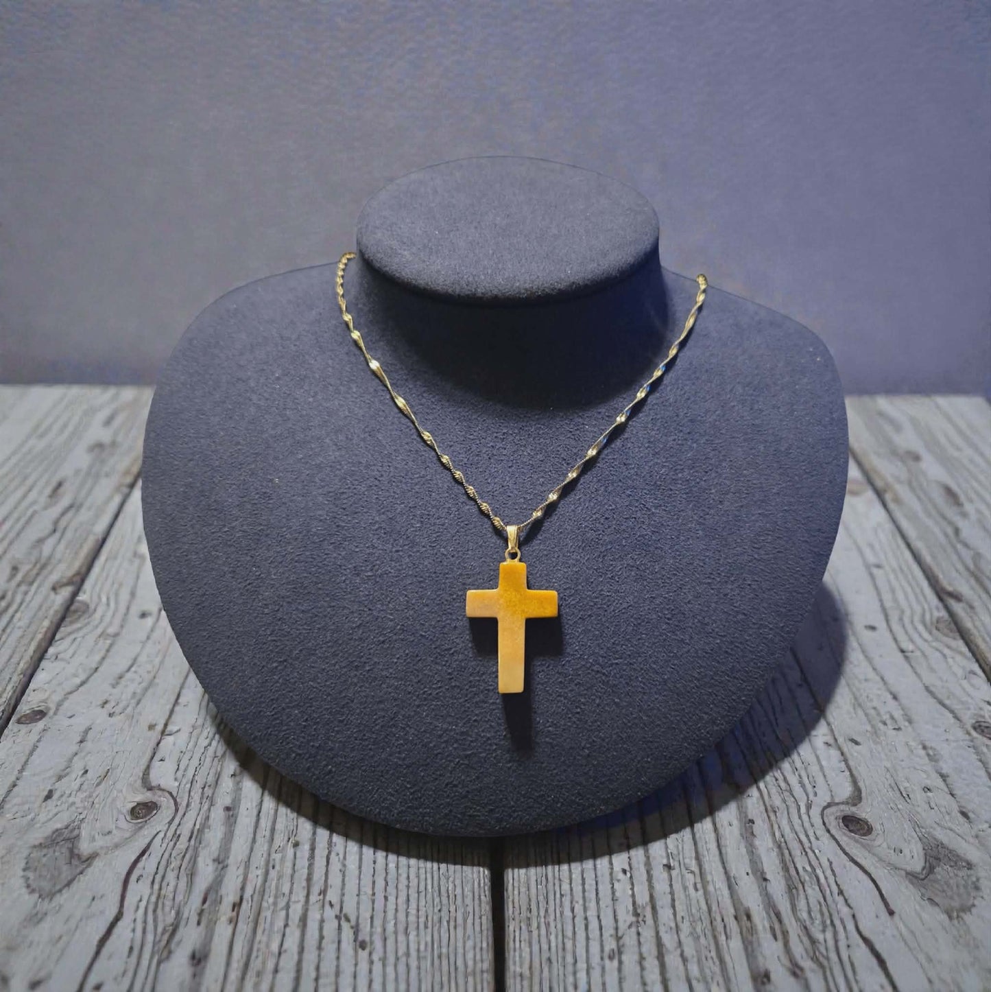 Tan Natural Stone Cross on a Stainless Steel Singapore Chain Necklace