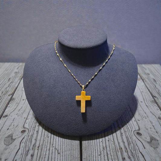 Tan Natural Stone Cross on a Stainless Steel Singapore Chain Necklace