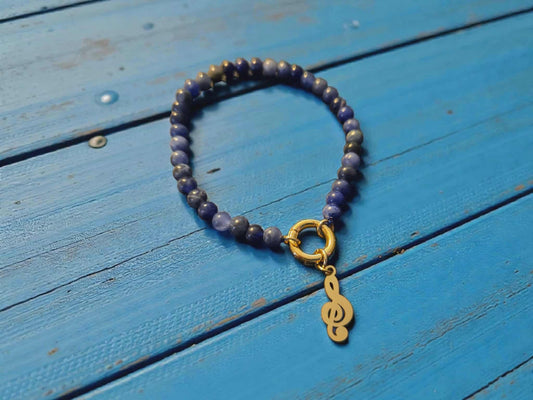 Natural Sodalite Beaded Charmer Keeper Bracelet with Music Charm - 18K Gold PVD Stainless Steel