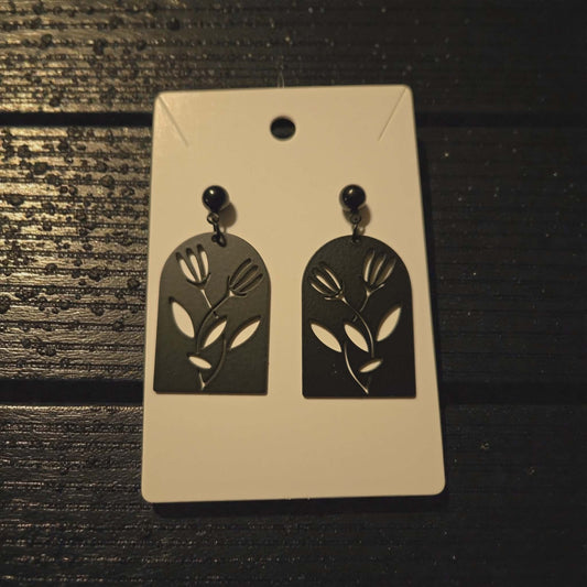 Black Stainless Steel Flower Dangle Earrings