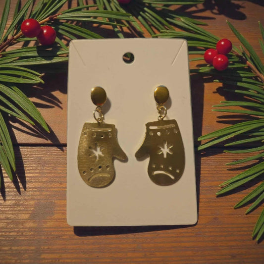 Golden Stainless Steel Christmas Mitten Dangle Earrings