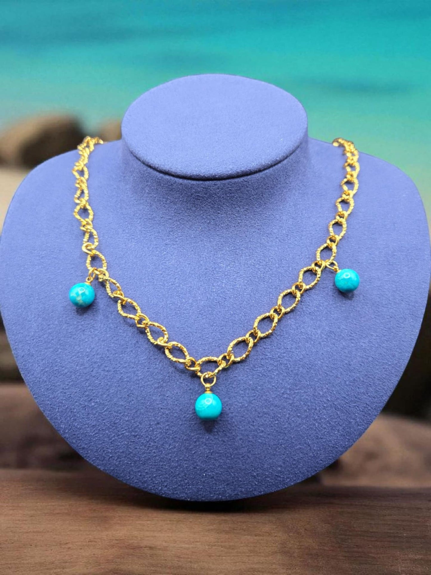 Natural Turquoise Stone Beads on an 18K Gold PVD Stainless Steel Hammered Oval Chain Necklace