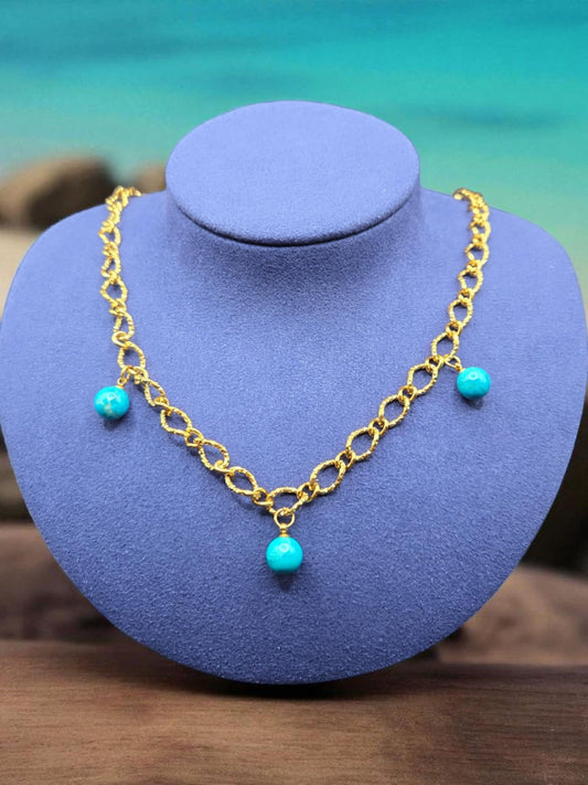 Natural Turquoise Stone Beads on an 18K Gold PVD Stainless Steel Hammered Oval Chain Necklace