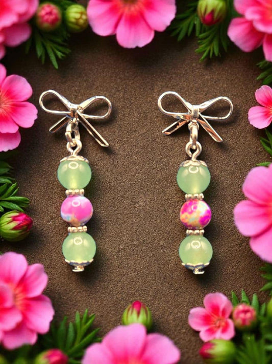 Silver Bow Earrings with Aventurine and Purple Sea Sediment Beaded Dangle