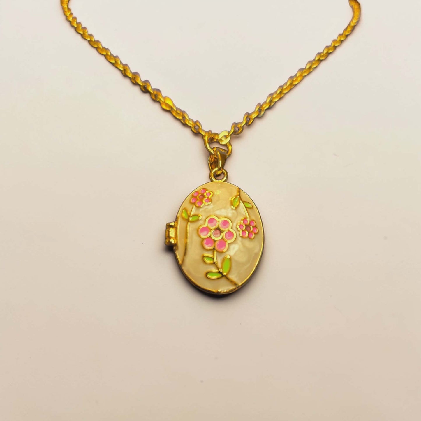 Pink Floral and Golden Oval Locket Necklace