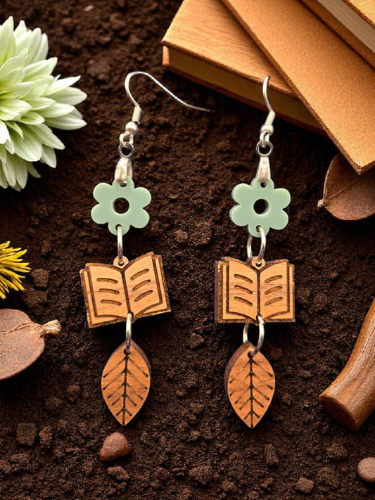 Bookish Girlie Wooden Dangle Stainless Steel Earrings