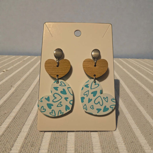 Teal and Wooden Heart Dangle Earrings