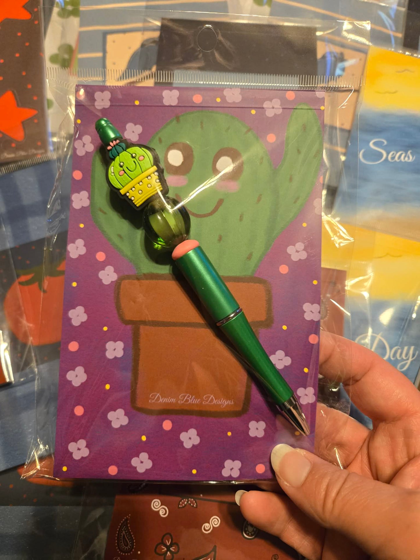 Hand Drawn Cutie Cactus Notepad with Cover with Coordinating Pen (Focal Bead Will Vary)