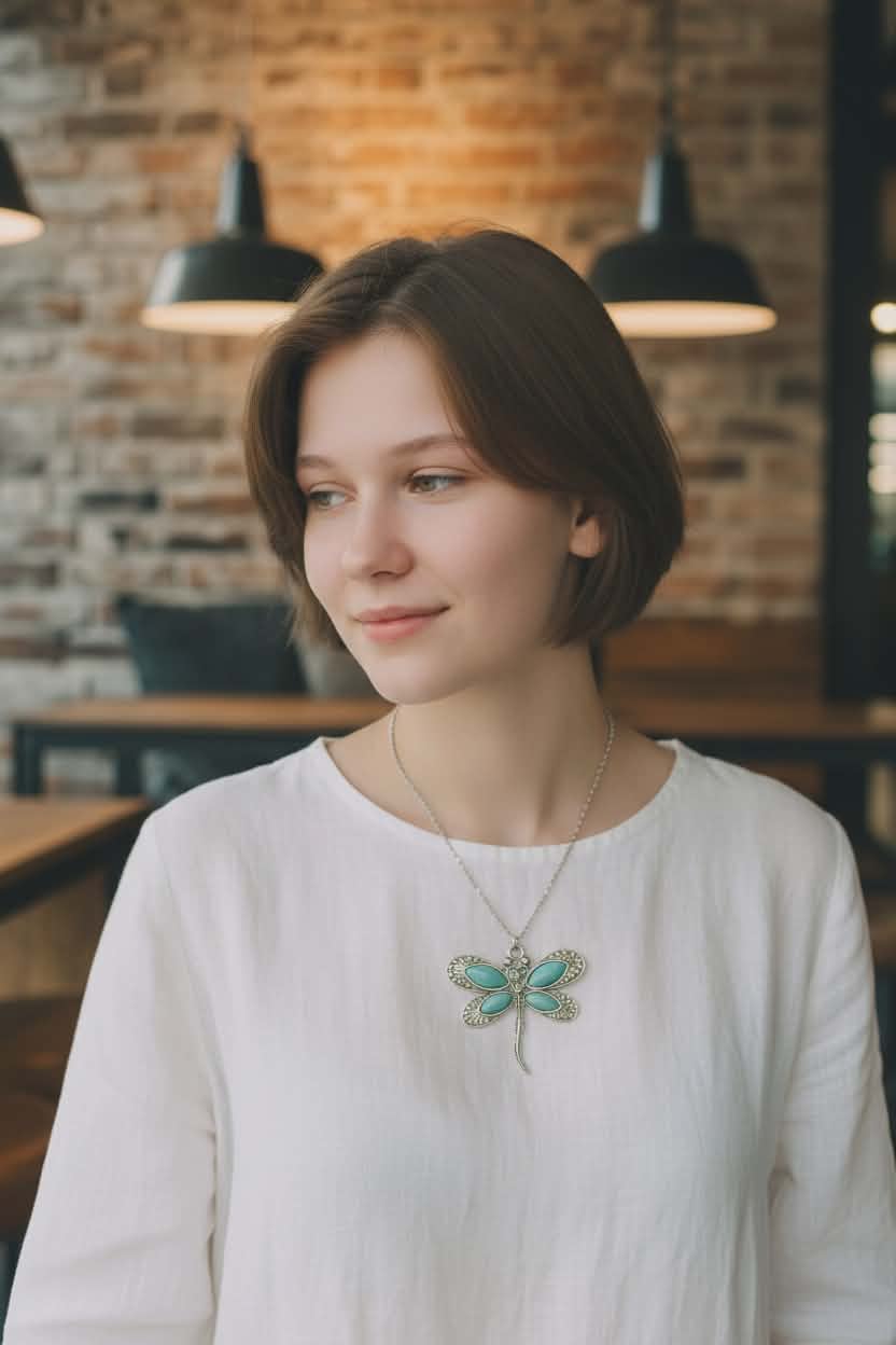 Large Turquoise Dragonfly Pendant on Stainless Steel Singapore Chain Necklace