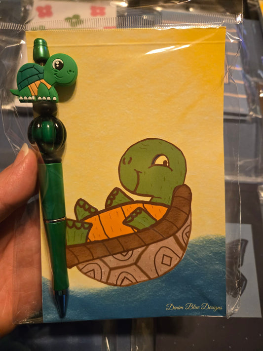 Hand Drawn Just Float Turtle Notepad with Cover with Coordinating Pen