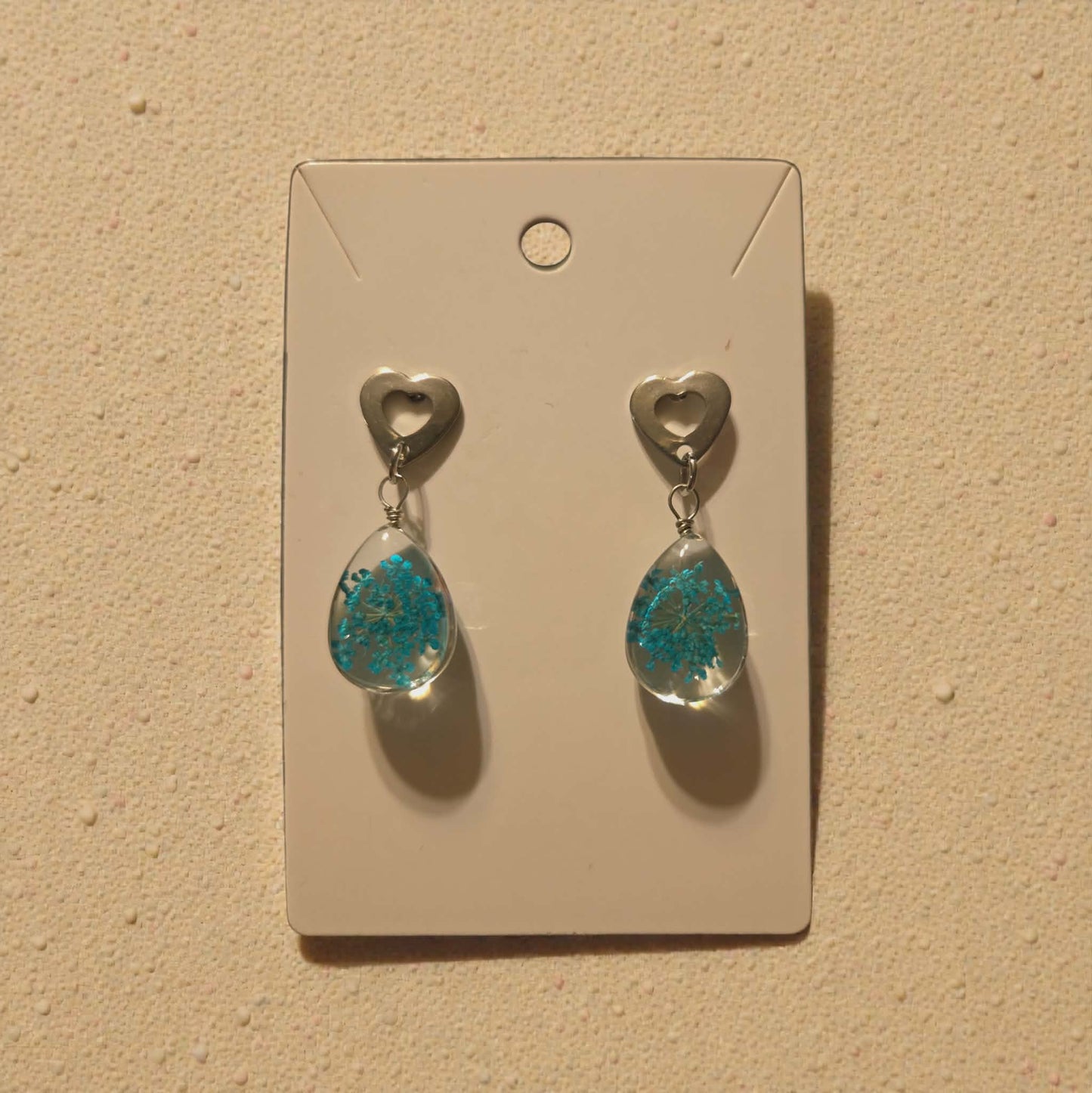 Glass and Teal Dried Flower and Silver Heart Dangle Earrings