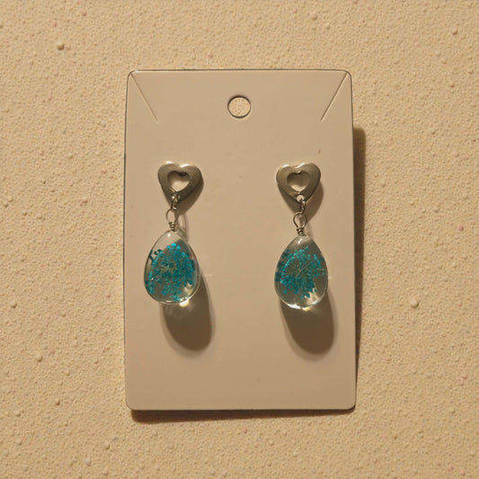 Glass and Teal Dried Flower and Silver Heart Dangle Earrings