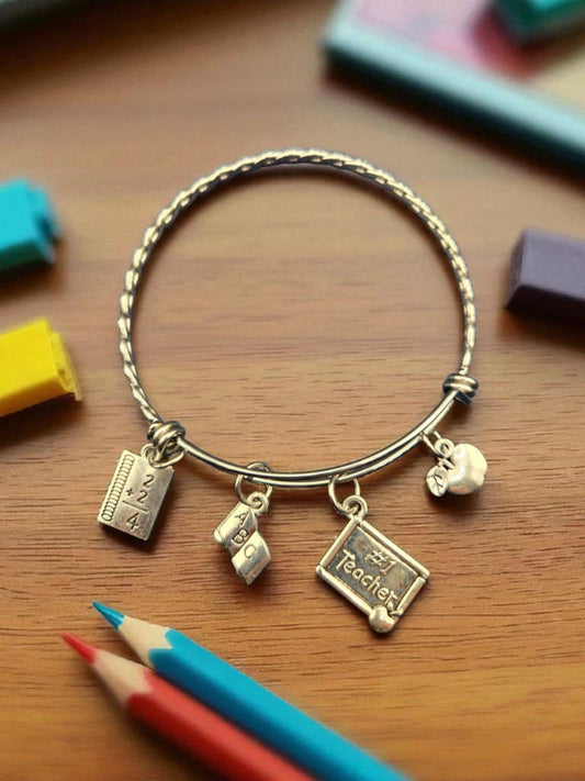 Teacher Charm Braided Stainless Steel Bangle Bracelet