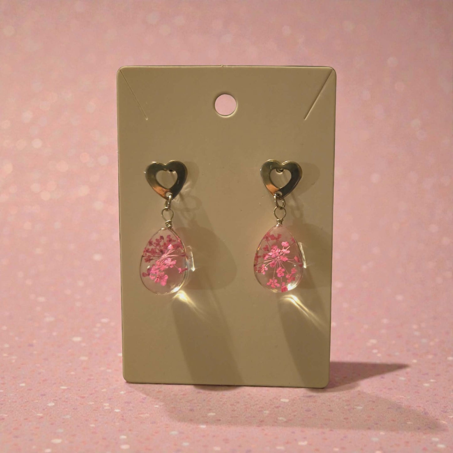 Glass and Pink Dried Flower and Silver Heart Dangle Earrings