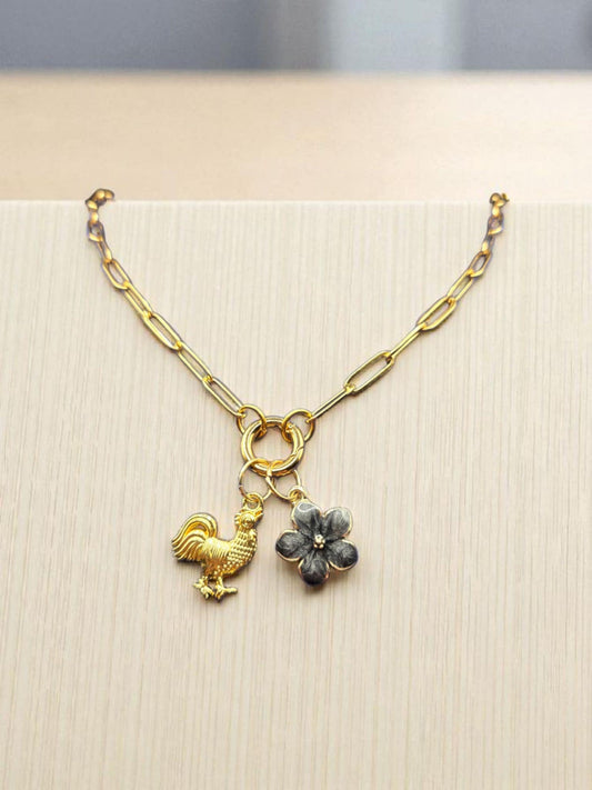 Floral Rooster Paperclip Charm Keeper Necklace- 18K Gold PVD Stainless Steel 18"+2" Chain with 18k Gold Plated Alloy Rooster Charm and Alloy Flower Charm (Lead and Nickle Free)