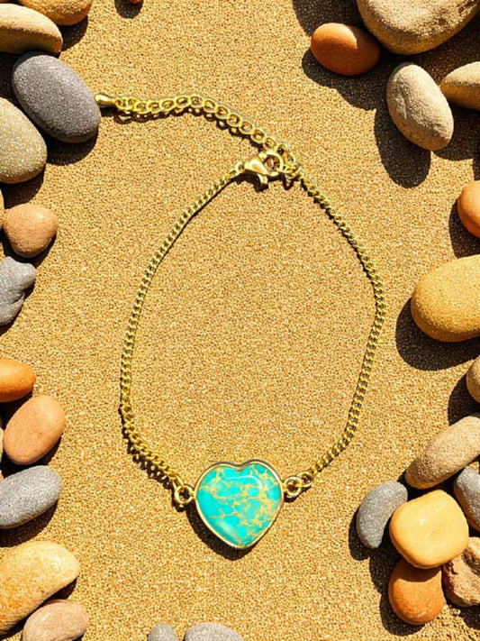 Heart-Shaped Jasper Natural Stone on Gold Plated Stainless Steel Cable Chain Bracelet with Extender (Turquoise)