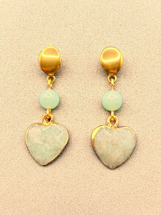 Natural Amazonite Stone and Green Aventurine Beaded Earrings on Oval 18K Gold Plated Stainless Steel Studs