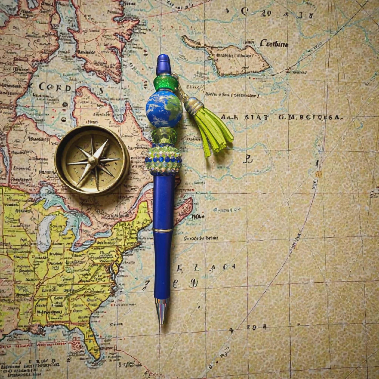 Around the World Blue Globe Beaded Pen with Tassel