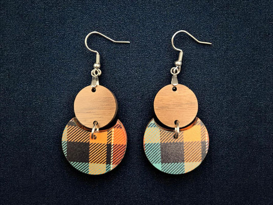 Cozy Plaid Wood and Acrylic Dangle Stainless Steel Earrings